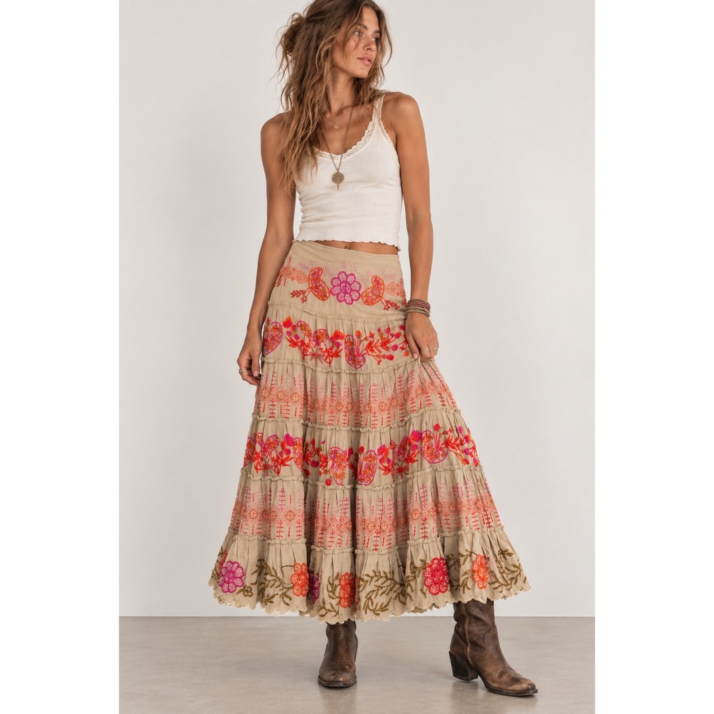 Basil & Maude Y2K Whimsi Embroidered Beaded Tiered Midi Maxi Skirt 4 Boho Fairy